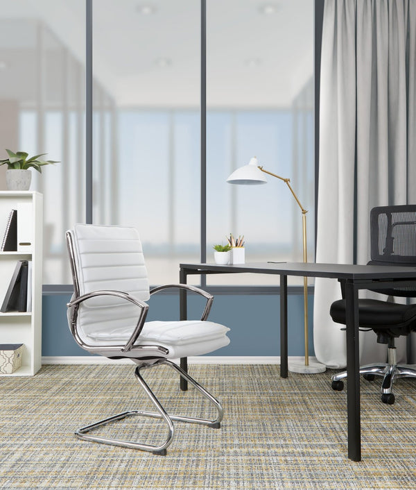 OSP Home Furnishings Guest Faux Leather Office Chair with Chrome Sled Base and Ergonomic Lumbar Support White SPX23595C-U11