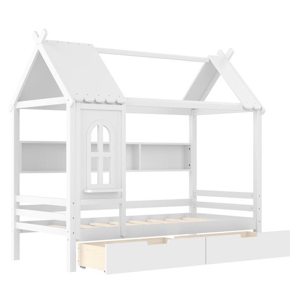 English Elm Twin House Platform Bed with Drawers & Shelves, Solid Wood Playhouse Frame for Kids, Cozy Design Light White W1580S00265