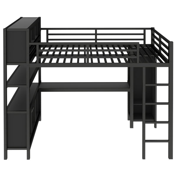 English Elm Metal Loft Bed With Wardrobe, L-Shaped Desk & Storage Cubes - Stylish Space-Saving Queen Solution W1580S00109