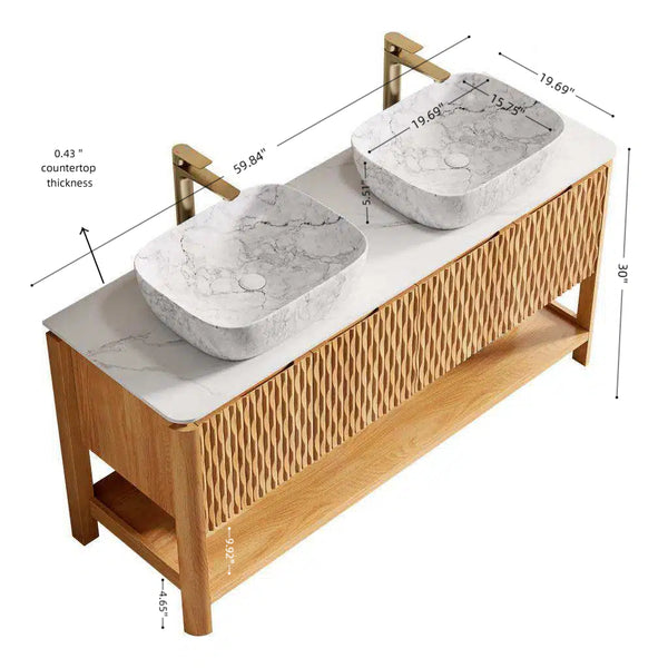 English Elm Dina 60 Inch Floating Bathroom Vanity Sintered Stone Top Dual Glass Basins Wood Grain W2615S00519