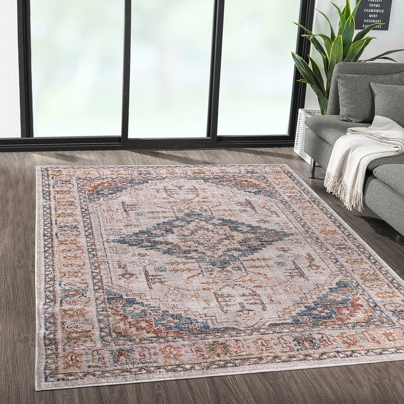 JLA Home Madison Park - Vintage Medallion Woven Area Rug — Distressed Blue & Orange Medallion, OEKO‑TEX, Stain‑Resistant Comfort MP35-8049