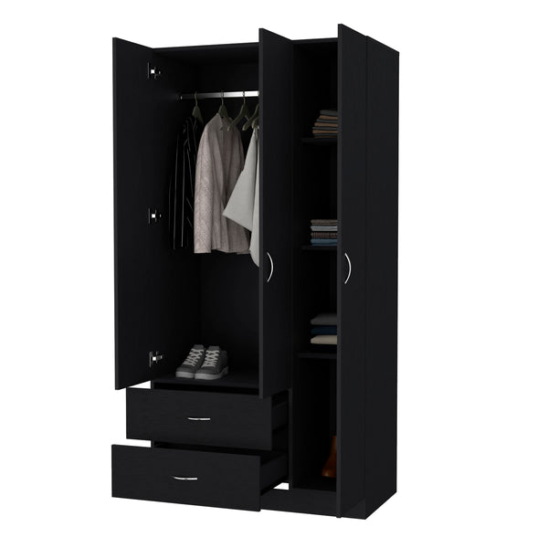 English Elm Eureka Spacious Three-Door Armoire with Two Drawers, Shelves and Rod for Organized Storage Black 39 L x 22 W x 5 H B128S00086
