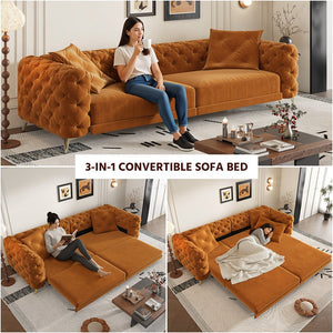 English Elm 97.6" Oversized Velvet Chesterfield Sleeper Sofa Floral Tufted Roll Arm Living Room Couch Orange W1885S00299