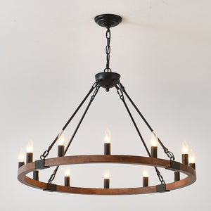English Elm 31.5 Inch Wagon Wheel Chandelier Wood Matte Black 12-light Farmhouse Pendant Fixture W5008P464752