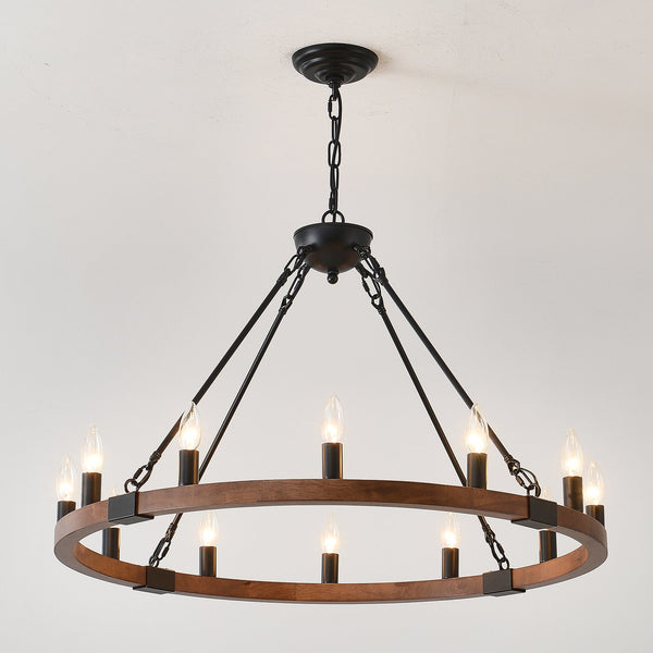 English Elm 31.5 Inch Wagon Wheel Chandelier Wood Matte Black 12-light Farmhouse Pendant Fixture W5008P464752