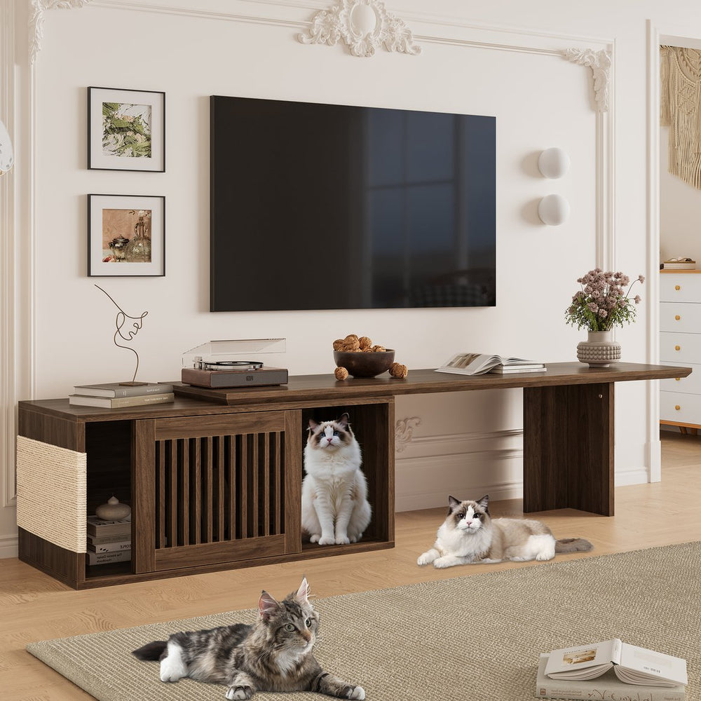 English Elm Mid-Century Extendable Walnut TV Stand with Hidden Litter Box, Cat Scratcher & 78–110" Top N843MP002W