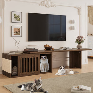 English Elm Mid-Century Extendable Walnut TV Stand with Hidden Litter Box, Cat Scratcher & 78–110" Top N843MP002W
