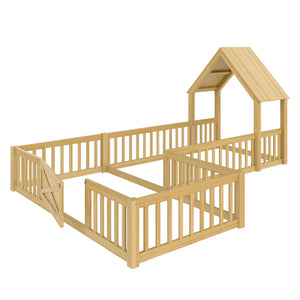 English Elm Twin House Floor Bed with Door & Full-Length Guardrails, Solid Wood Twin Loft Alternative for Kids Natural W1580P327129