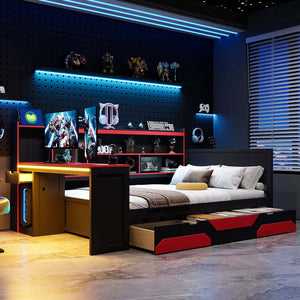 English Elm Full Size Gaming Bed Frame with Desk Led Lights Storage Drawers and Charging Station Black+Red LP000289AAJ