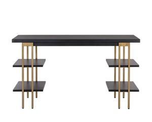 Sunpan Levigne Modern Geometric Desk with Black Iron Shelving & Antique Brass Legs – Chic Office Furniture