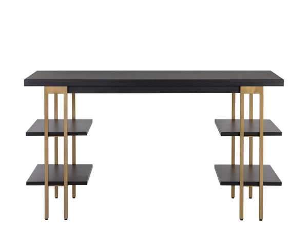Sunpan Levigne Modern Geometric Desk with Black Iron Shelving & Antique Brass Legs – Chic Office Furniture