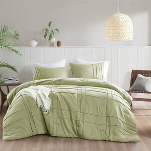JLA Home Comfort Spaces - Soft Washed Pleated Comforter Set with Pinch-Pleat Grid, Pre-Washed Microfiber, Year-Round Cozy Luxury Sage AM10-0135