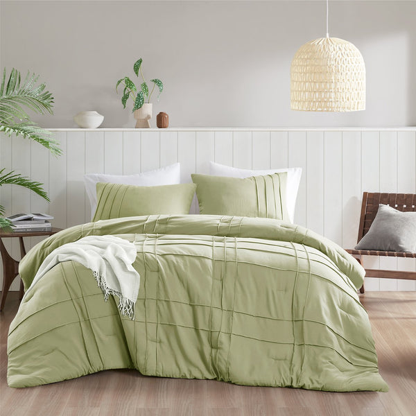 JLA Home Comfort Spaces - Soft Washed Pinch-Pleat Comforter Set with Textured Microfiber, Lightweight Loft & Year-Round Warmth Sage AM10-0460