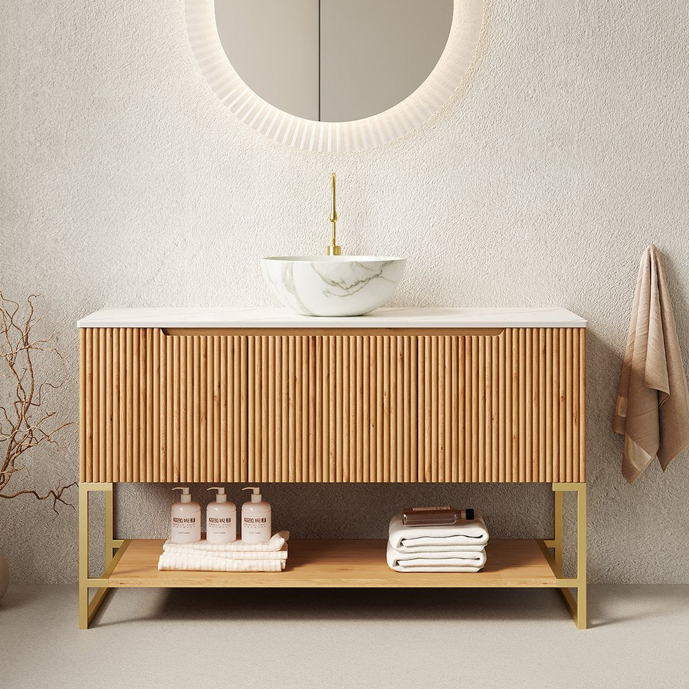 English Elm 48" Freestanding Bathroom Vanity Cabinet Sintered Stone Top Woodgrain Finish Open Shelf W2615S00574