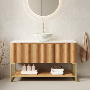 English Elm 48" Freestanding Bathroom Vanity Cabinet Sintered Stone Top Woodgrain Finish Open Shelf W2615S00574