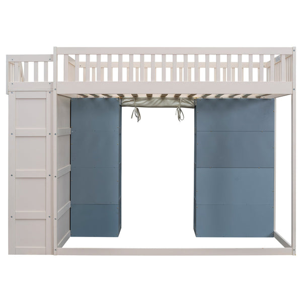 English Elm Full Size Loft Bed With Stylish Storage Cabinets, Privacy Curtain & Multi-Functional Design - White/Blue GX003006AAK