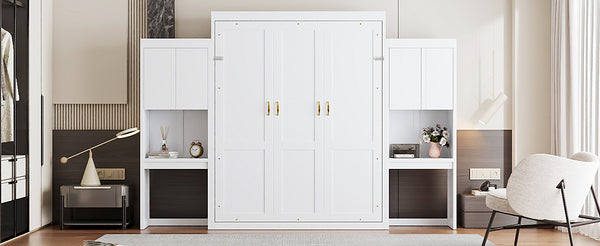 English Elm Queen Wall Bed with Integrated Desk Vanity and Cabinet Storage for Studio Rooms White N820S10057K-1
