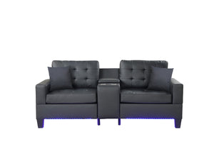 English Elm Genesis 85"W Black Pvc Fabric Sofa With Led Mood Lighting, Usb Ports, Storage Console & Cupholders B061S00868