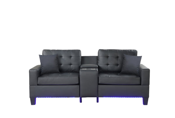 English Elm Genesis Modern Black Pvc Sofa Loveseat Set With Led Lights, Usb Charger, Cupholders & Storage Console B061S00869