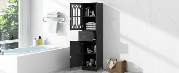 English Elm Tall Bathroom Cabinet Slim Freestanding Storage with Drawer & Doors, Adjustable Shelves, MDF Build Black WF289427AAB