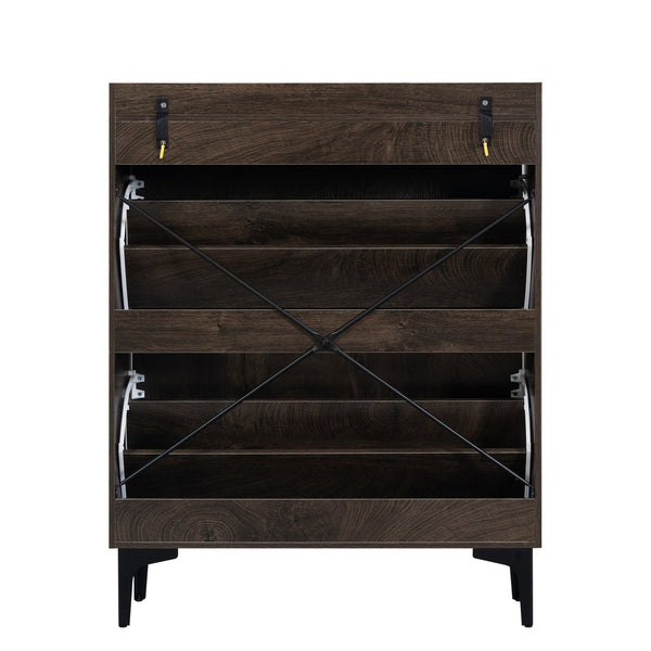 English Elm Shoe Cabinet with 2 Flip Drawers and Open Shelves, Slim Rustic Brown Entryway Organizer, Space-Saving Wood Storage W679P154753