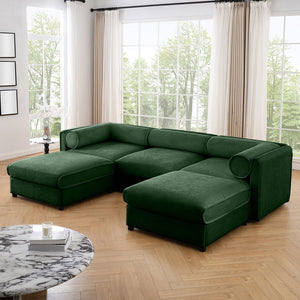 English Elm Elegant Green Chenille Sofa With Hidden Storage, U-Shaped Design And Comfortable Cylindrical Backrests W714S01062