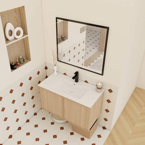 English Elm 36" Floating Bathroom Vanity Light Oak Modular Cabinet with Gel Coat Integrated Sink Glossy White,Light Oak W3450S00067