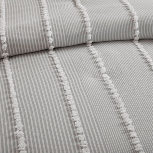 English Elm 3-piece Cotton Yarn Dyed Comforter Set Jacquard Pompom Stripe Coastal Bedroom Grey B035P482890