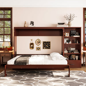 English Elm Queen Murphy Bed with Built-In Shelves, Height-Adjustable Storage & Drawer for Small Spaces Walnut 71.6 L x 21.5 W x 6.1 H N733S309223D