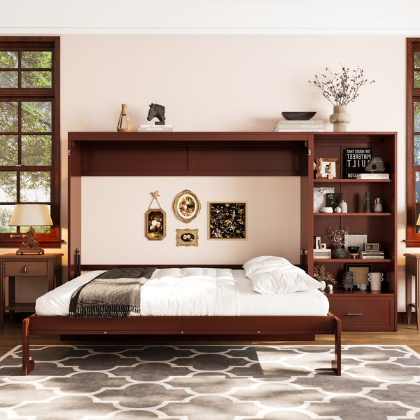 English Elm Queen Murphy Wall Bed with Folding Platform Side Cabinet Drawer and Adjustable Shelves Walnut N733S407545D