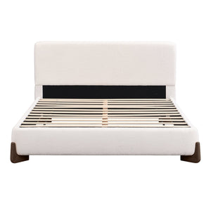 English Elm Elegant Boucle Platform Bed White Upholstered King with Dark Brown Wood Legs N769P228000K