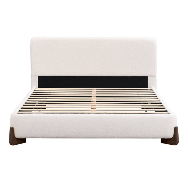 English Elm Elegant Boucle Platform Bed White Upholstered King with Dark Brown Wood Legs N769P228000K