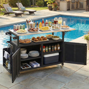 English Elm Foldable Outdoor Kitchen Cart with Stainless Worktop Fir Wood Frame and Lockable Wheels Black N719P380279B