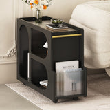 Modern Black End Table with Lockable Wheels, Fluted Glass, Gold Rod, 31.5''W x 11.8''D x 23.1''H