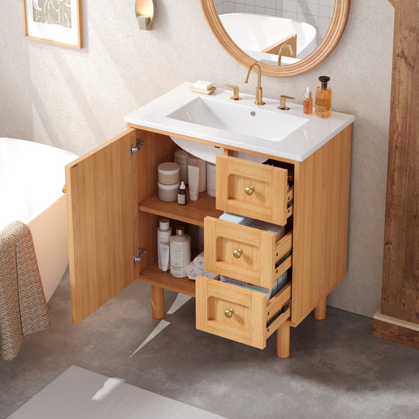 English Elm 30 Inch Bathroom Vanity with Ceramic Sink, Grey Farmhouse Cabinet w/3 Soft-Close Drawers & Storage N710P333972P