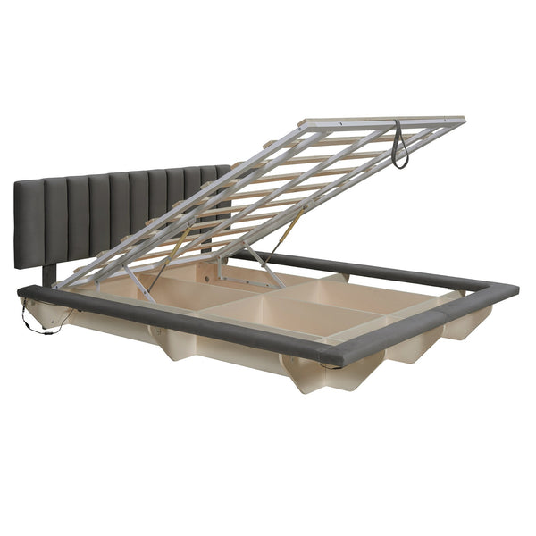 English Elm Queen Upholstered Floating Bed with LED Lighting, Hydraulic Lift, 4 Storage Drawers, Velvet Luxury Gray SF000132AAE