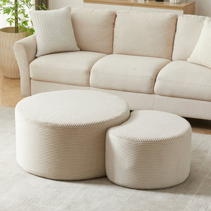 English Elm Nesting Foam Upholstered Round Coffee Tables Set of 2 — No Assembly, Multipurpose Ottoman Side Table Beige W834P326382