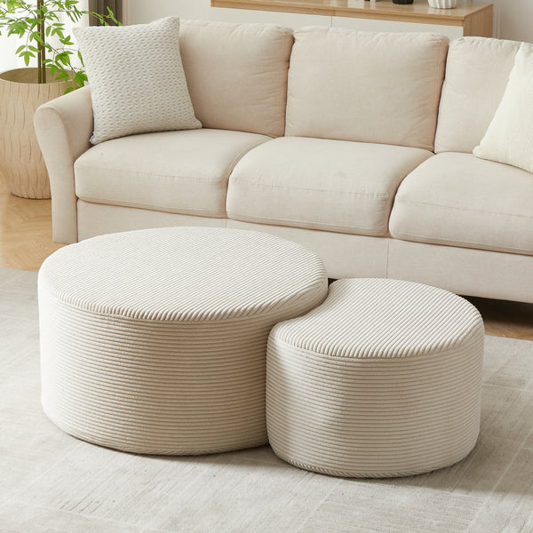 English Elm Nesting Foam Upholstered Round Coffee Tables Set of 2 — No Assembly, Multipurpose Ottoman Side Table Beige W834P326382