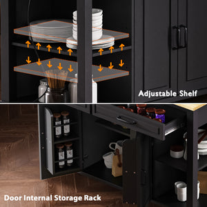 English Elm K&k Farmhouse Kitchen Island Extendable Table Rubber Wood Veneer Built-in Charging Storage Black N707S215327B