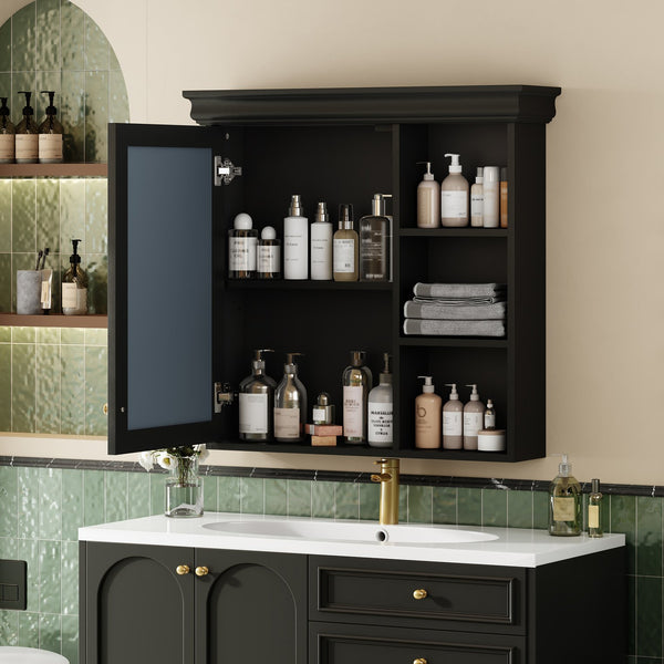 English Elm 30'' Wall-Mounted Medicine Cabinet with Mirror and Adjustable Shelves, Modern MDF Storage Organizer Black N710P209425B