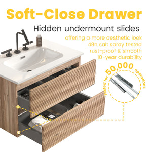 English Elm Gloria 30 Inch Floating Bathroom Vanity Rough Oak Finish with Ceramic Sink Modern Bath W1865S00196