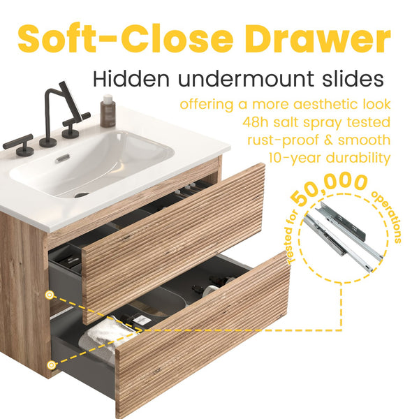 English Elm Gloria 30 Inch Floating Bathroom Vanity Rough Oak Finish with Ceramic Sink Modern Bath W1865S00196