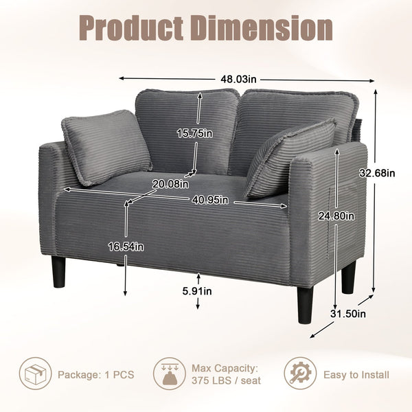 English Elm 48" Corduroy Compact Loveseat with Side Pocket Solid Wood Frame for Small Spaces Grey W2715P409865
