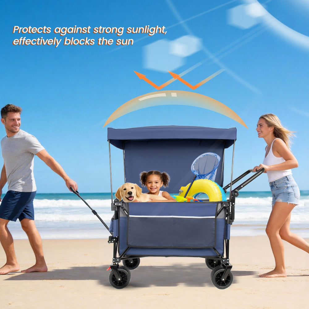 English Elm Multi-functional Heavy Duty Folding Wagon with Canopy Steel Frame All Terrain Wheels Blue Gray W2932P417648