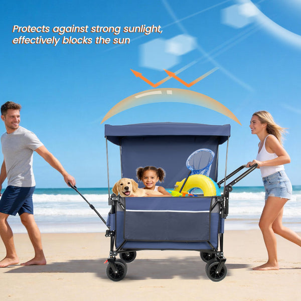 English Elm Multi-functional Heavy Duty Folding Wagon with Canopy Steel Frame All Terrain Wheels Blue Gray W2932P417648