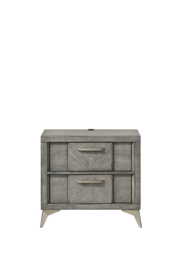 English Elm 2 Drawer Nightsand with Bookmatched Ash Veneers, USB Port, Solid Wood & MDF, Sleek Storage Design Gray 30.75 L x 19.5 W x 24.5 H B2699P236780