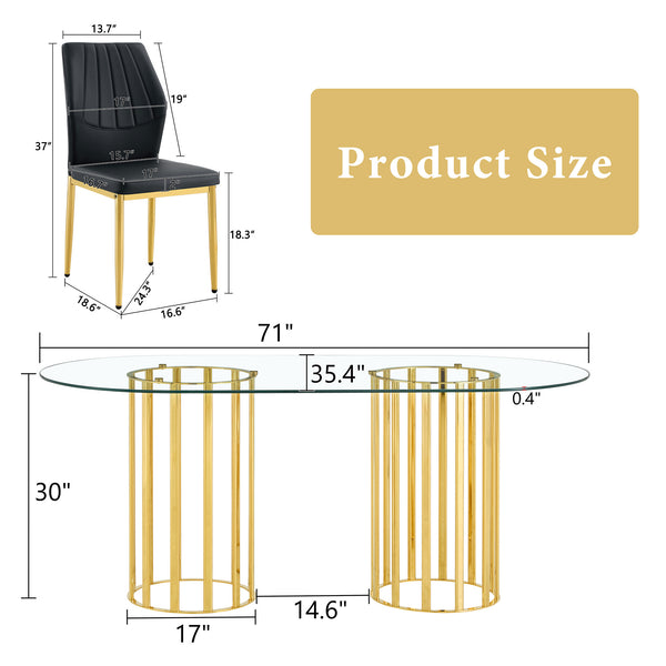 English Elm Table and Chair Set Oval Tempered Glass Top with Gold Base Glam Dining Room 7 Piece Black+Gold,Transparent W1151S04726