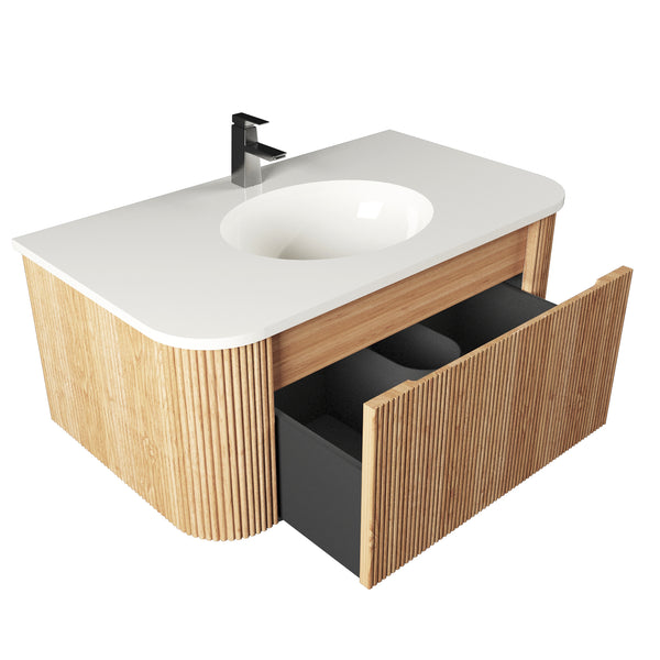 English Elm Arcora Floating Wall Vanity with Marble Ceramic Sink Slatted Wood Spa Design W3235S00007