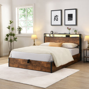 English Elm Lift-Up Storage Bed Frame: Full-Sized Platform Bed With Led Lights, Charging Station & Rustic Brown Finish W1916P184709