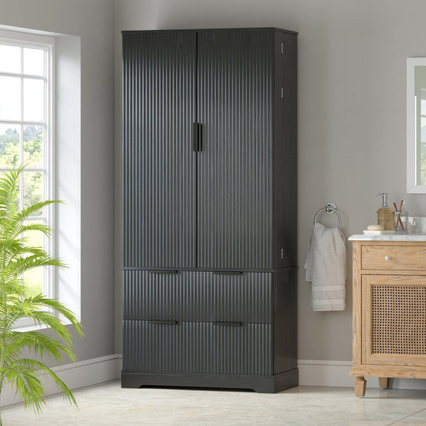 English Elm 72" Modern Fluted Pantry Cabinet with 2 Large Silent Drawers, 8-Door Spice Rack & Adjustable Shelf Organizer Black W2917P294988